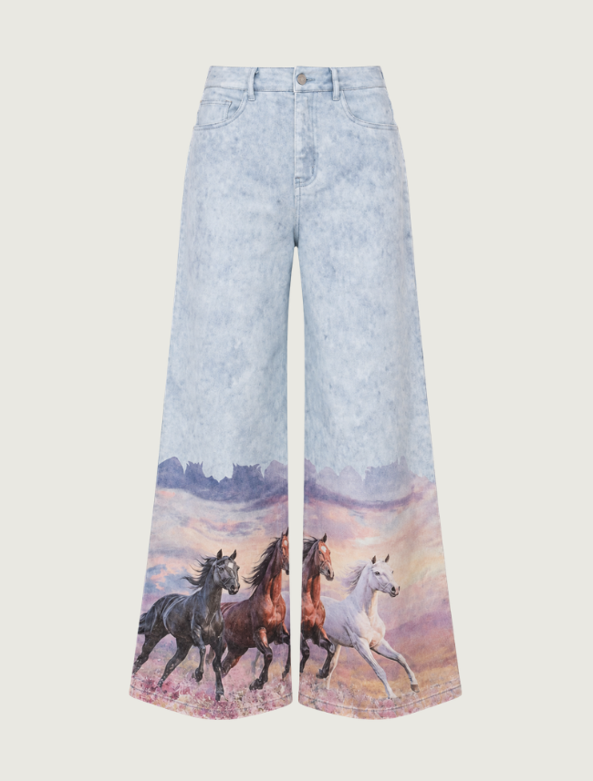 Mavericks Horse Print Wide Leg Jeans in Light Wash