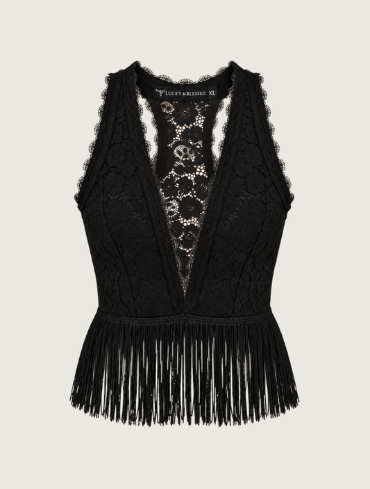 Lucky & Blessed Women's Black Lace Fringe Crop Top