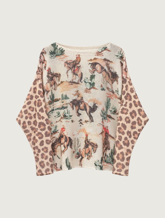 Look Mode Women's Rodeo and Leopard Contrast Sleeve Batwing Top