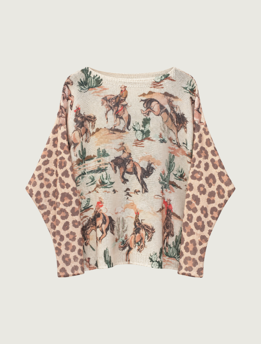 Look Mode Women's Rodeo and Leopard Contrast Sleeve Batwing Top