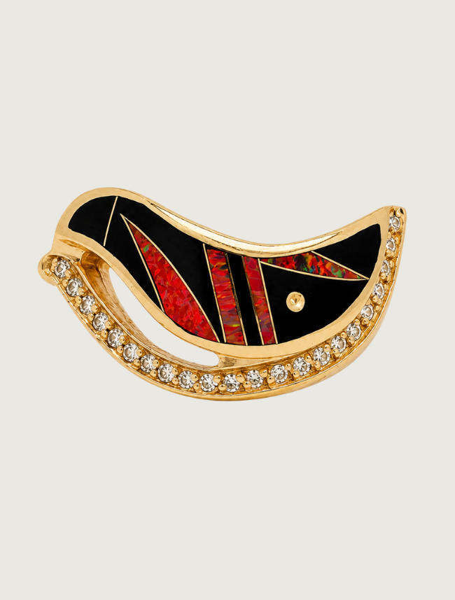 14K Yellow Gold Diamond, Black Jade, & Fire Opal Ring