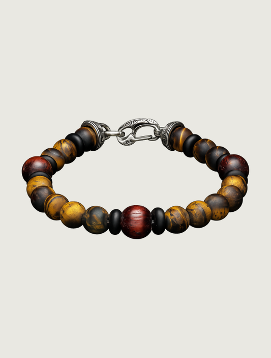 William Henry Beaded Bracelet with Red Tiger's Eye, Frosted Black Onyx, and Sterling Silver