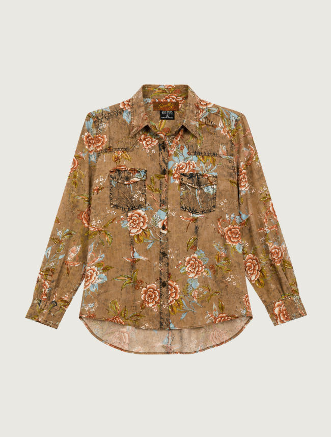 Scully Women's Tan Floral Print Button Front Shirt