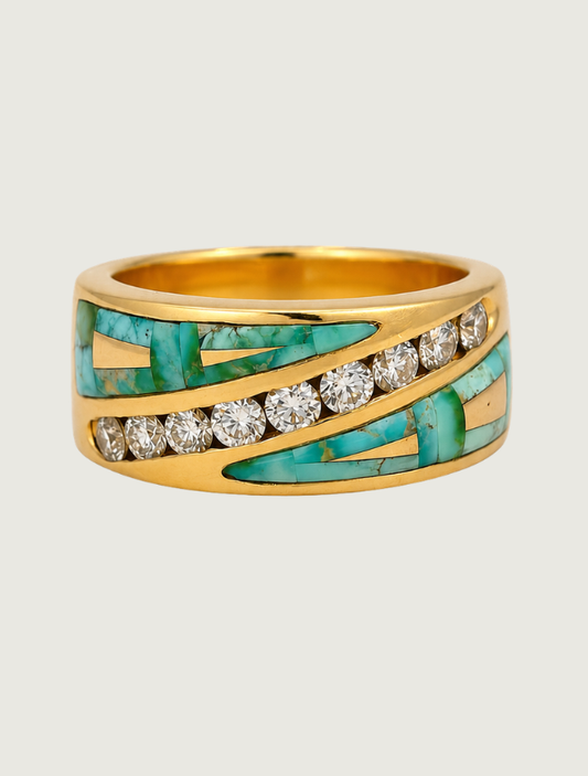 14K Yellow Gold Turquoise & Diamond Ring