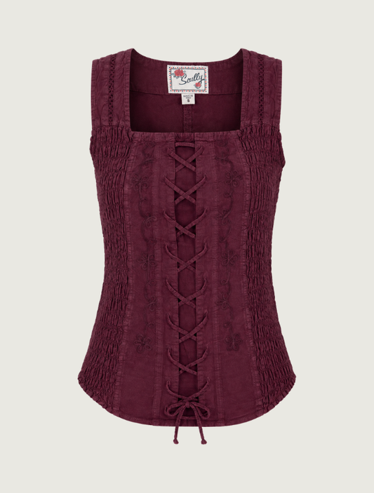 Scully Women's Burgundy Soutache Lace Up Tank Top