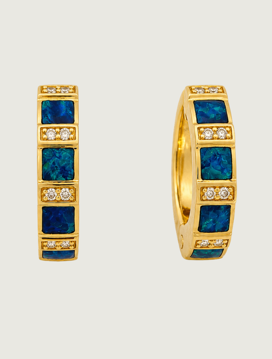 14K Yellow Gold Opal Inlay & Diamond Hoops