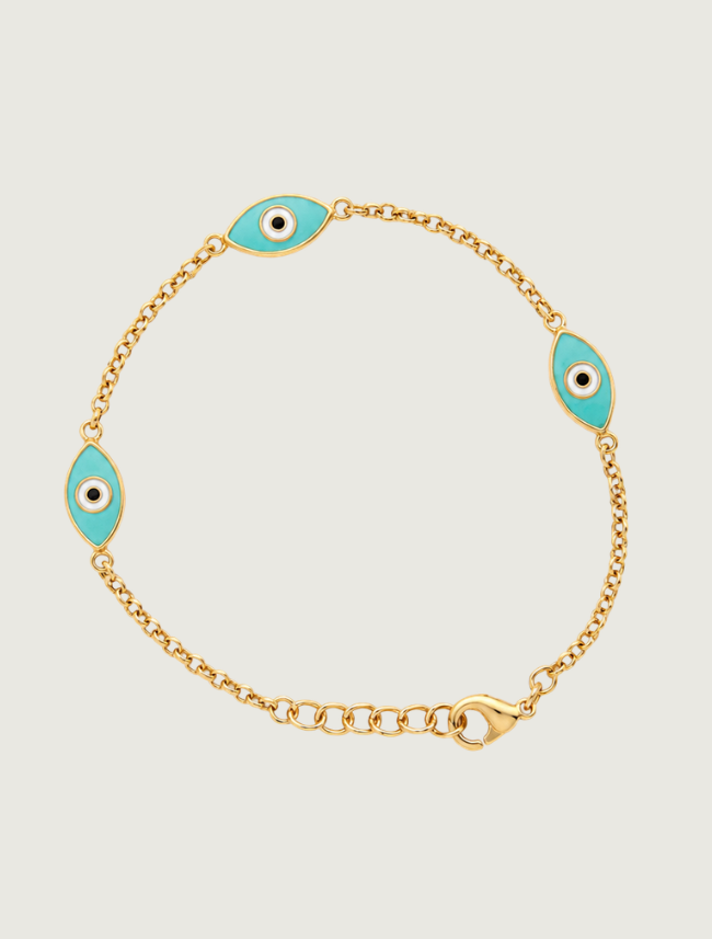 18K Yellow Gold Blue Enamel Evil Eye Bracelet