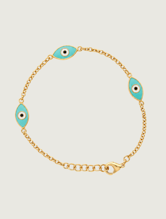 18K Yellow Gold Blue Enamel Evil Eye Bracelet