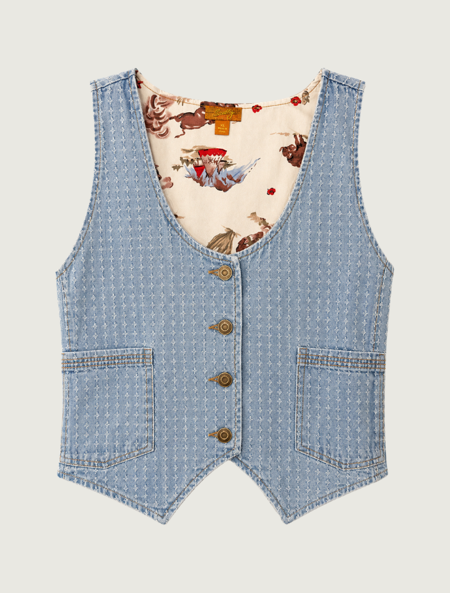 Scully Women's Light Blue Denim Button Front Cropped Vest