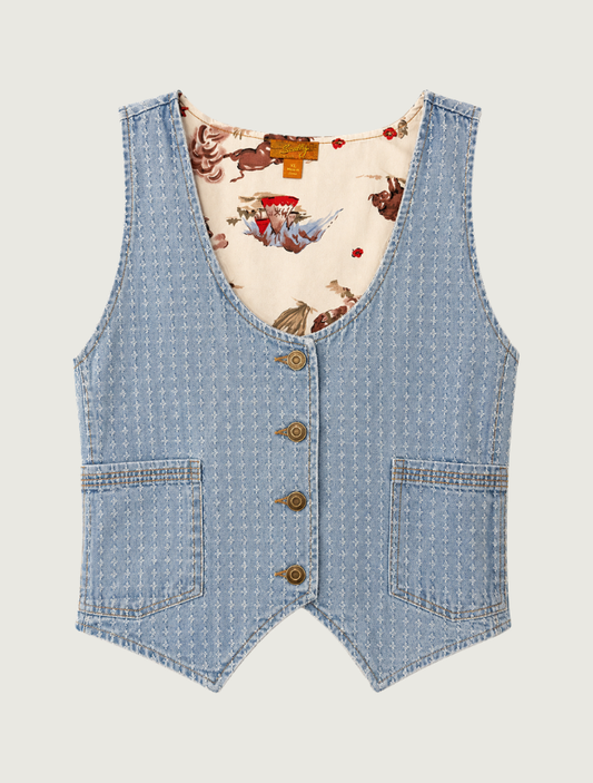 Scully Women's Light Blue Denim Button Front Cropped Vest