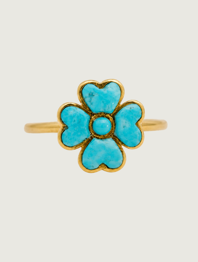 14K yellow gold Sleeping Beauty turquoise flower ring, front view