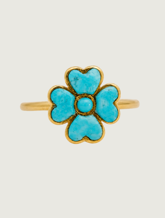 14K yellow gold Sleeping Beauty turquoise flower ring, front view