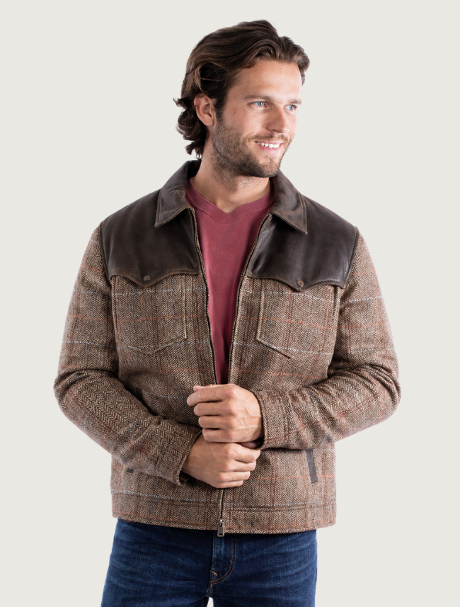 Men's Leather & Herringbone Zip Jacket