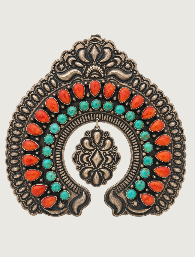 Darryl Becenti Large Royston Turquoise & Red Spiny Oyster Shell Silver Pendant
