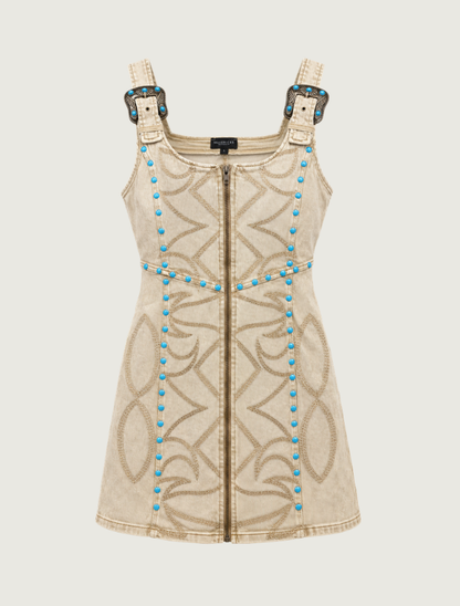 Mavericks Western Buckle Denim Mini Dress in Sand