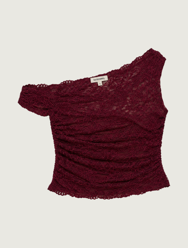 Raisonnel One-Shoulder Ruched Lace Top