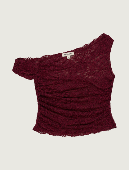 Raisonnel One-Shoulder Ruched Lace Top