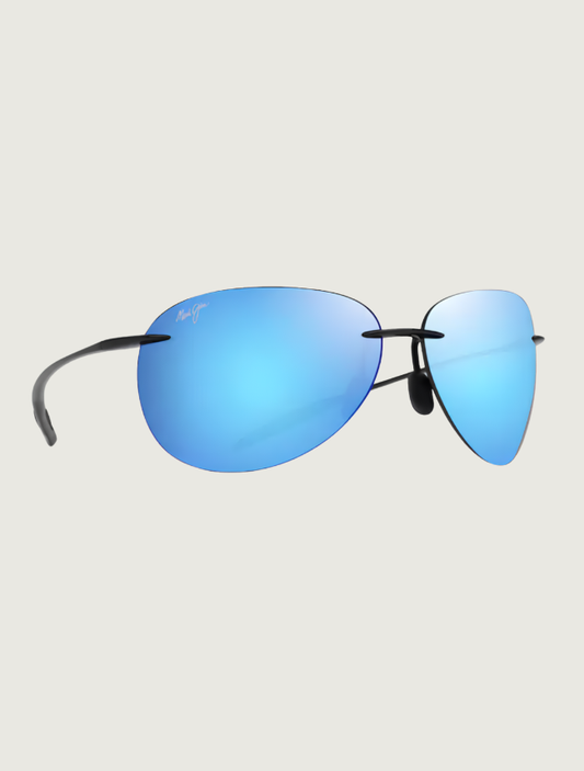 Maui Jim Sugar Beach rimless sunglasses in Shiny Black / Blue Hawaii — quarter view