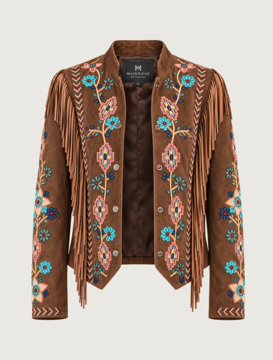 Mavericks Women's Brown Embroidered Fringe Suede Jacket