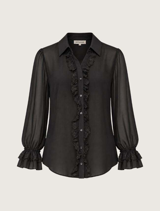 Paparazzi Lace Ruffle Georgette Blouse in Black