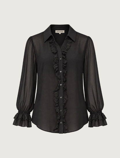 Paparazzi Lace Ruffle Georgette Blouse in Black