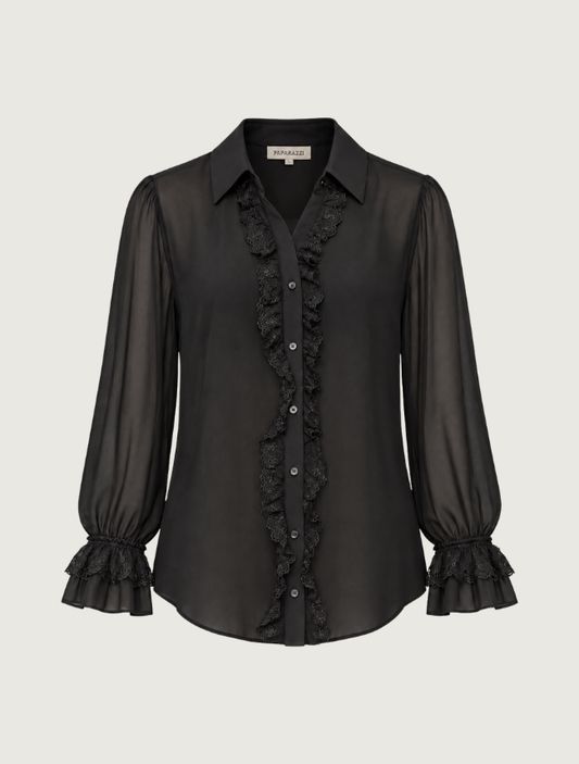 Paparazzi Lace Ruffle Georgette Blouse in Black