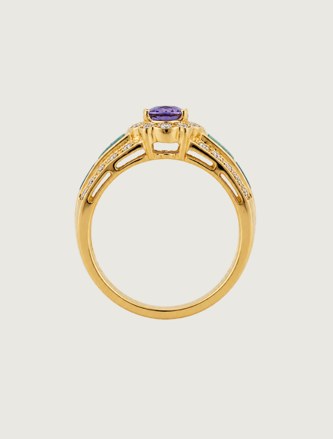 14K Yellow Gold Tanzanite, Opal, & Diamond Ring