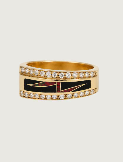 14K Yellow Gold Diamond, Black Jade, & Fire Opal Ring