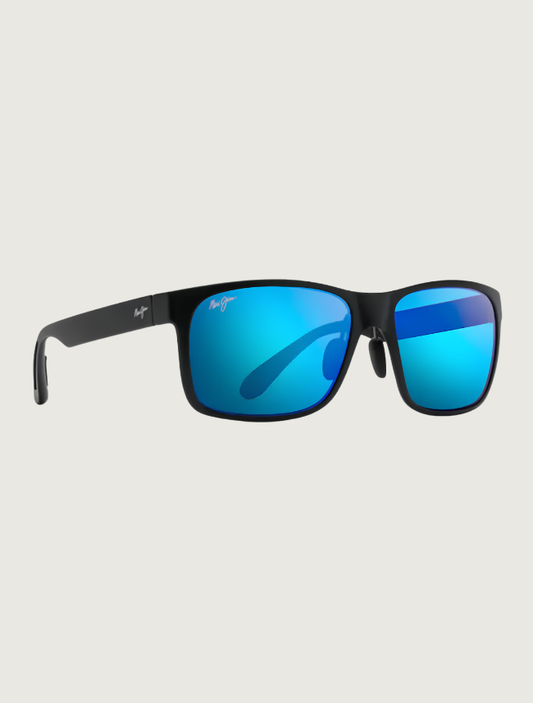 Maui Jim Red Sands rectangular sunglasses in Matte Black / Blue Hawaii — quarter view