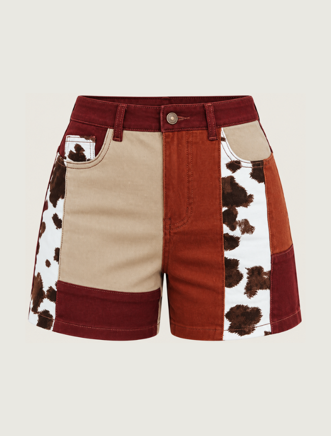 Lucky & Blessed Women's Rust and Cow Print Patchwork Denim Shorts