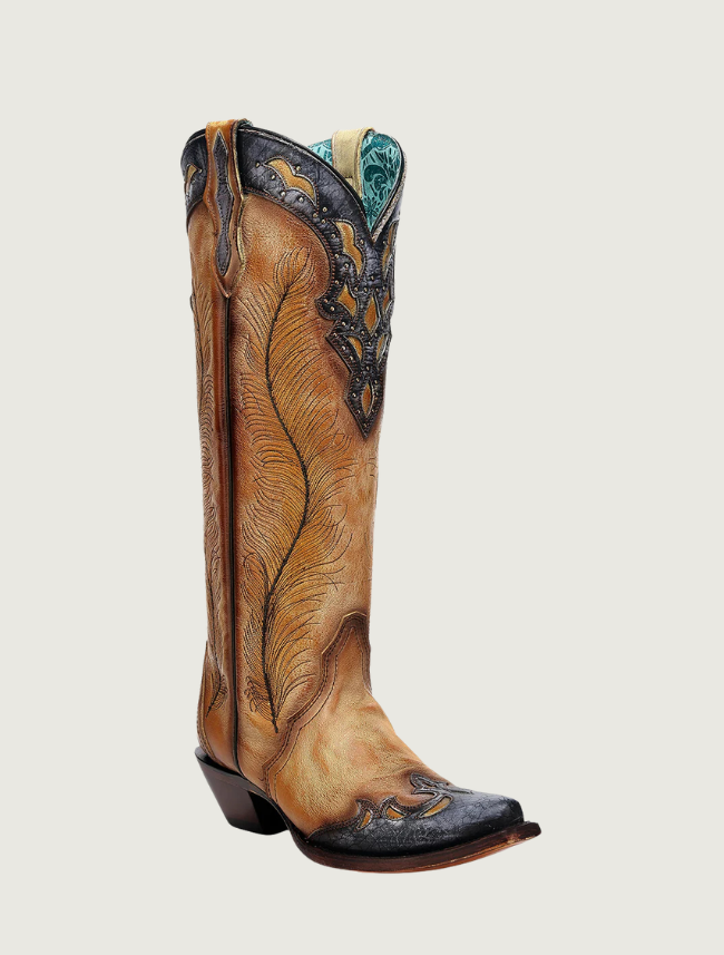Corral Yellow Feathers Crackled Overlay Tall Top Cowgirl Boots