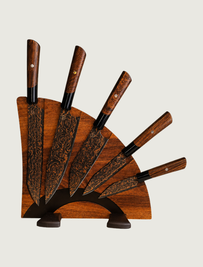 William Henry 'Black Flare' Damascus Chef Knife Set with Ironwood and Pearl Handles and Red Maple Display