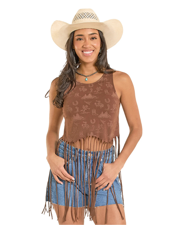 Rock & Roll Denim Conversational Print Fringe Top