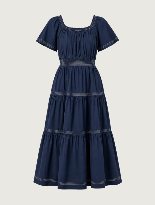 Raisonnel Navy Smocked Waist Tiered Midi Dress