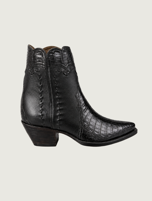 Side profile view, black caiman & calf Zorro ankle boot