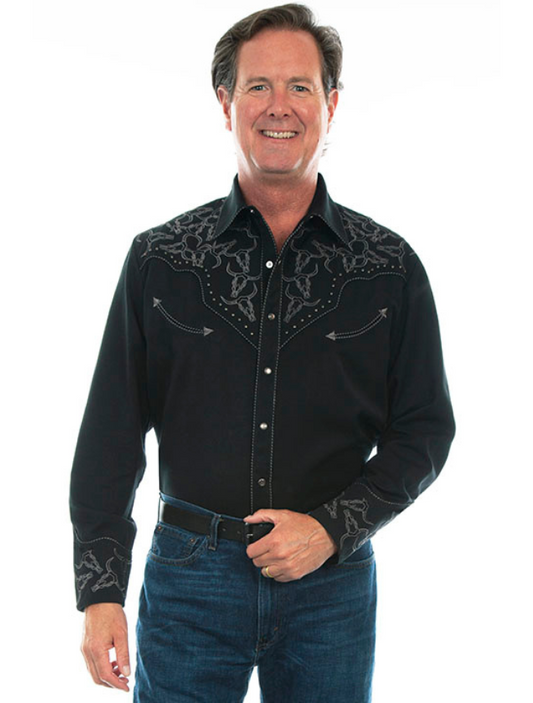 Scully Men's Longhorn Embroidered Long Sleeve Shirt