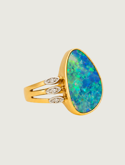 14K Yellow Gold Freeform Opal & Diamond Ring
