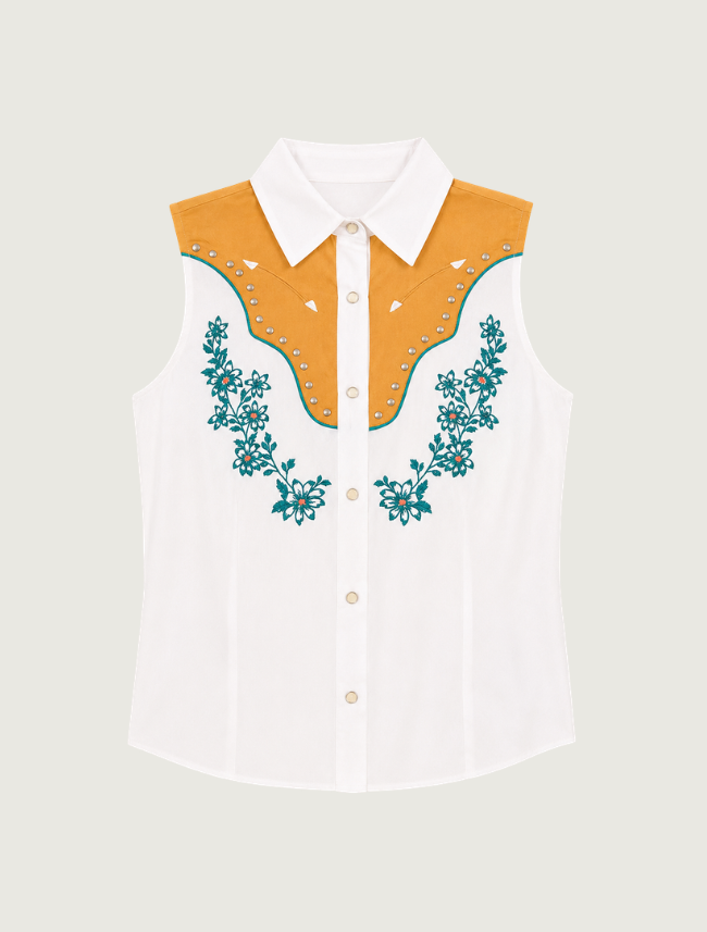 Rock & Roll Denim Floral Embroidery Sleeveless Shirt