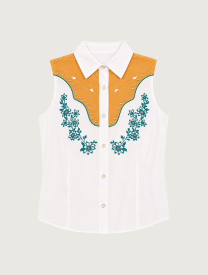 Rock & Roll Denim Floral Embroidery Sleeveless Shirt