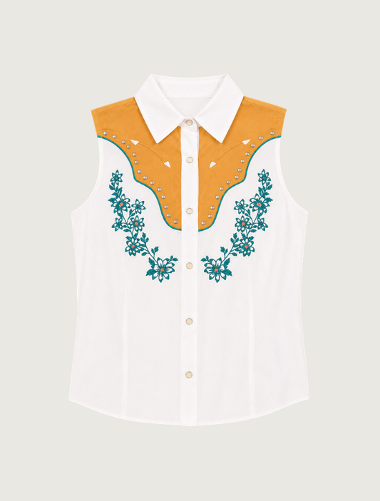 Rock & Roll Denim Floral Embroidery Sleeveless Shirt
