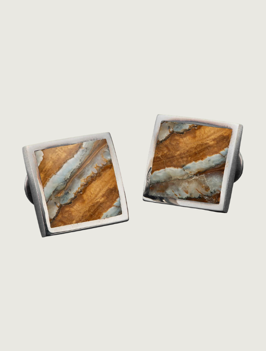 William Henry 'Brown Mammoth Duo' Sterling Silver Cufflinks with Brown Wooly Mammoth Tooth Fossil Inlay