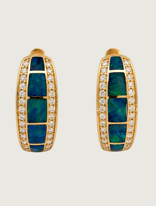 14K Yellow Gold Opal Inlay & Diamond Earrings