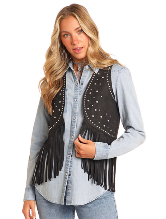Rock & Roll Denim Women's Studded Vest with Fringe