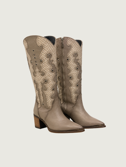 Cuadra Women's Beige Embroidery & Studs Zipper Cowboy Boots
