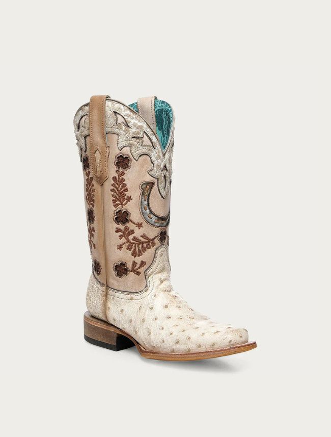 Corral Women's Floral & Horseshoe Embroidery Cowhide & Ostrich Cowboy Boot