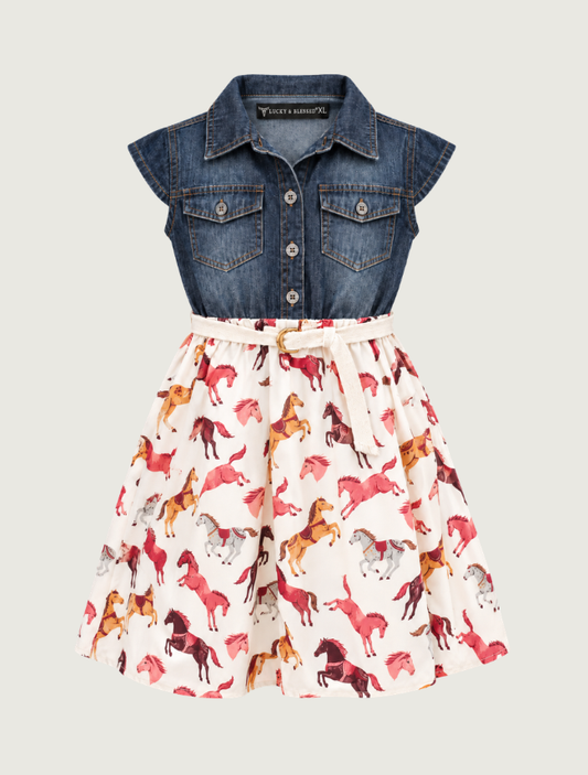 Lucky & Blessed Girls' Denim and Ivory Horse Print Western Dress