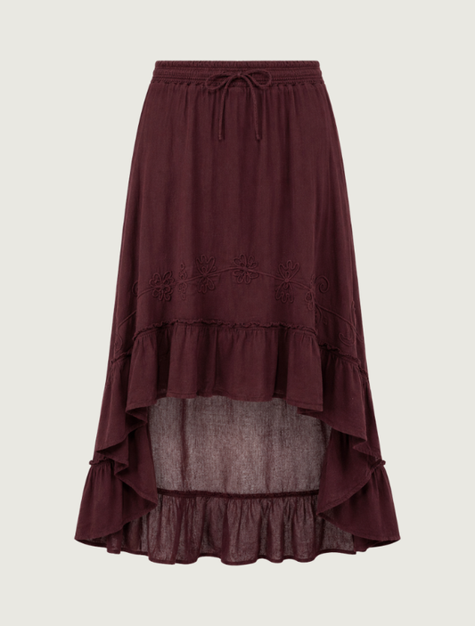 Scully Women's Burgundy Soutache Ruffle Hi-Lo Skirt