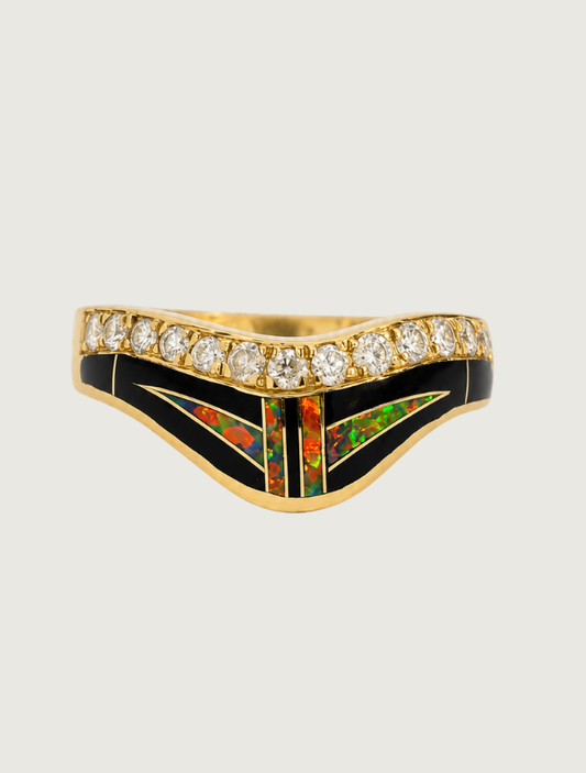 14K Yellow Gold Diamond, Black Jade, & Fire Opal Ring