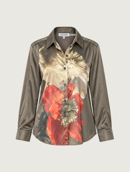 Paparazzi Floral Print Satin Button-Up Shirt in Camellia