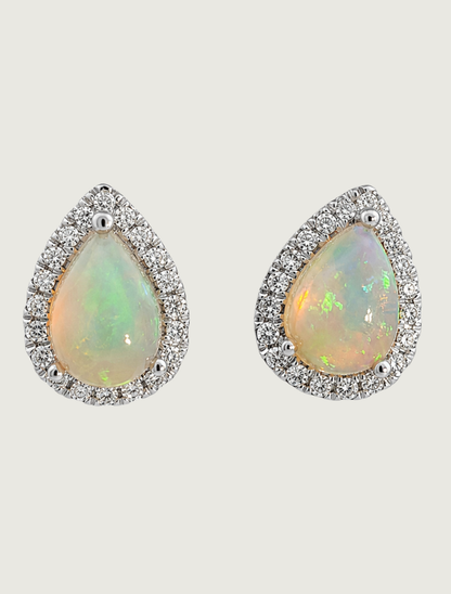 14K White Gold Opal & Diamond Pear Earrings